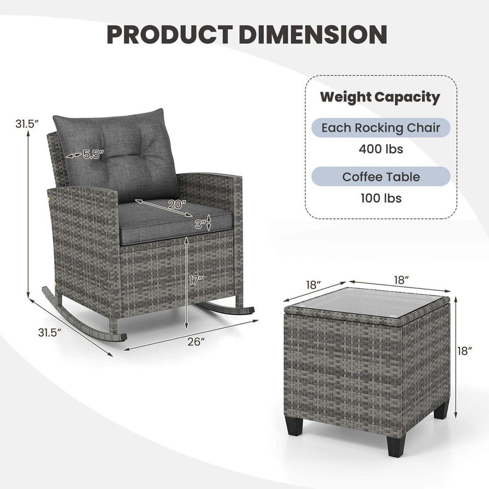3-Piece Patio Rattan Rocking Chair Set with Tempered Glass Table & Soft Cushions product image