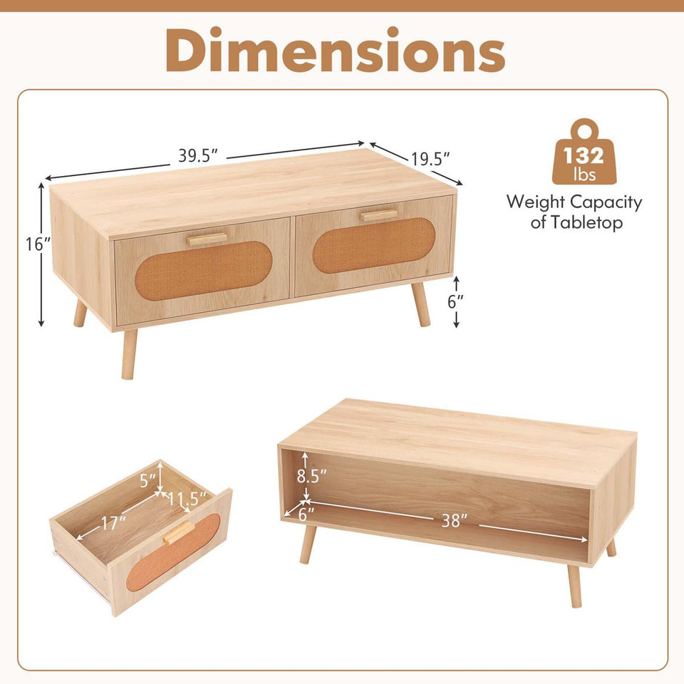 Mid-Century Rattan Coffee Table with 2 Storage Drawers  product image