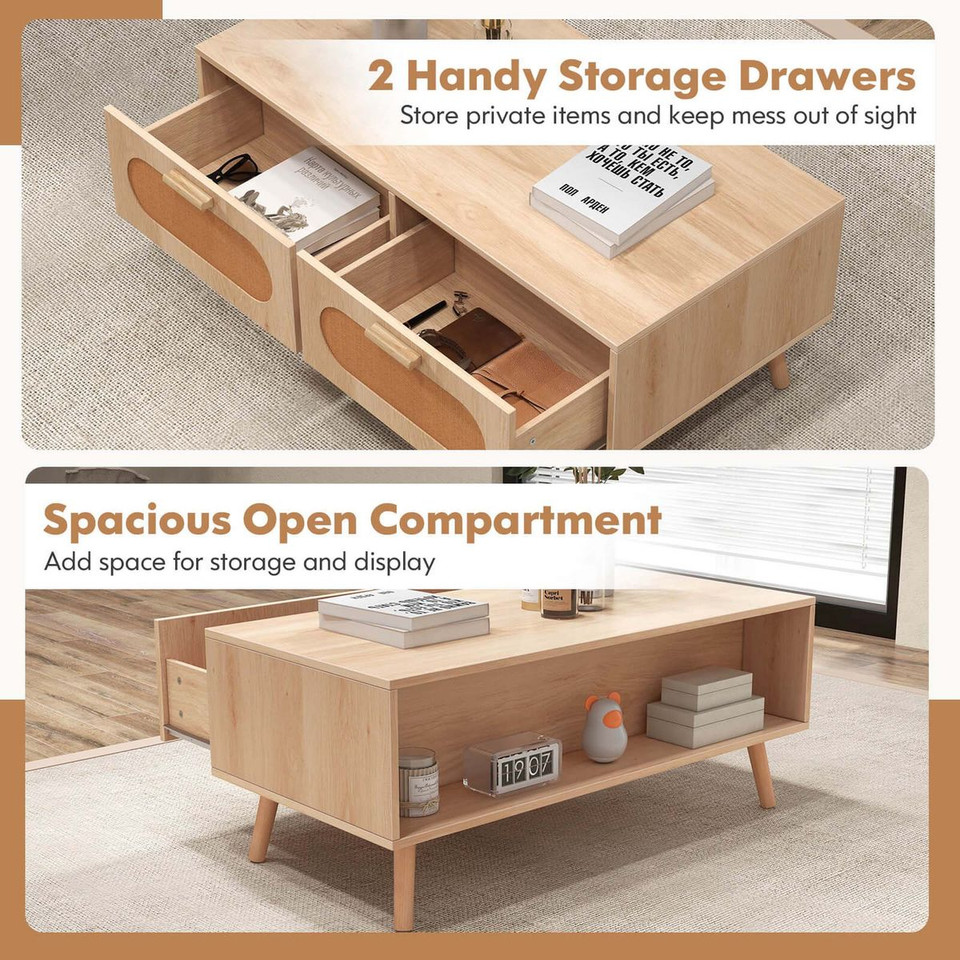 Mid-Century Rattan Coffee Table with 2 Storage Drawers  product image