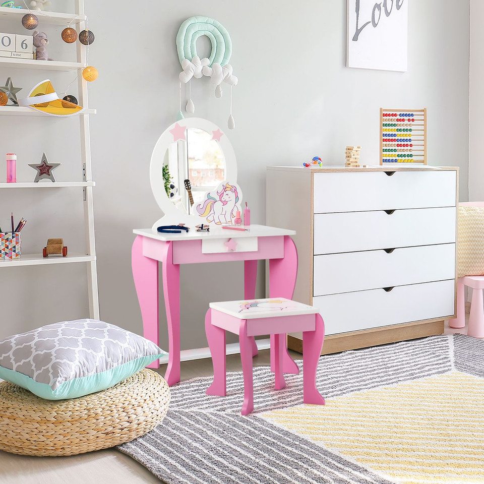 Kids Wooden Vanity Makeup Table and Chair Set product image