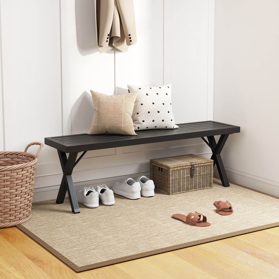 54" Patio Metal Bench with Slatted Seat and X-Shaped Legs product image