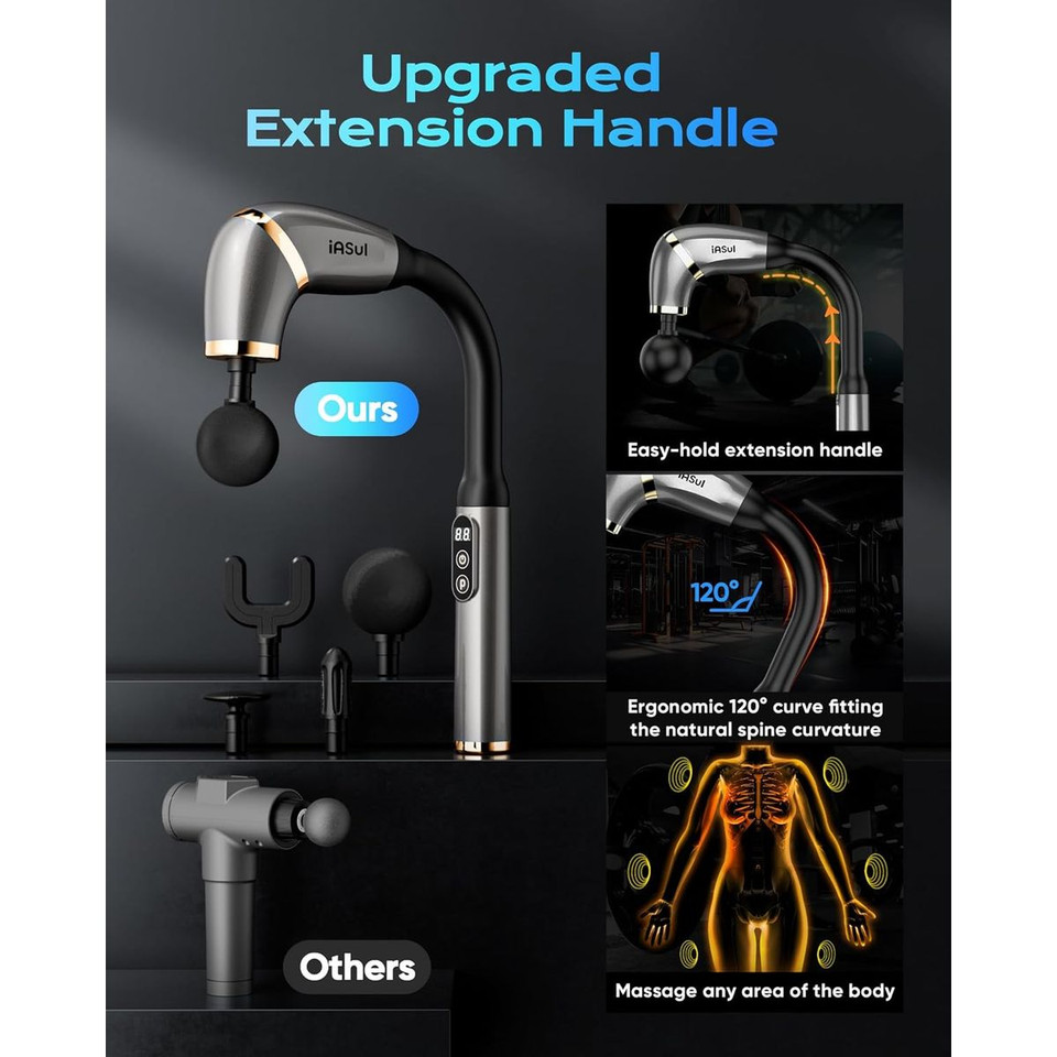 Massage Gun Pro with Extended Handle, 4 Heads, 3 Modes, USB-C Fast Charge product image