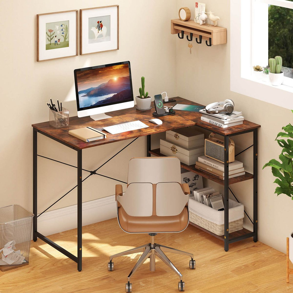 L-Shaped Computer Desk with Power Outlets and Removable Shelf product image