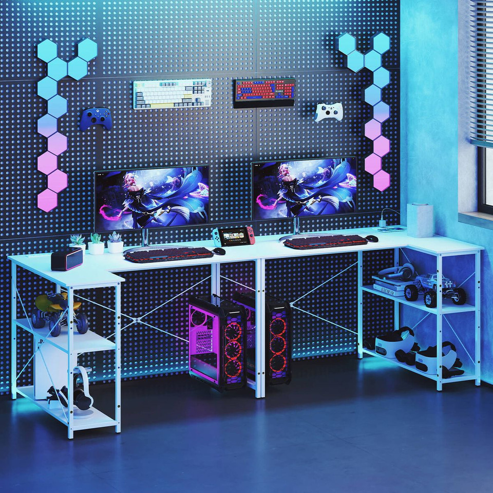 L-Shaped Computer Desk with Power Outlets and Removable Shelf product image