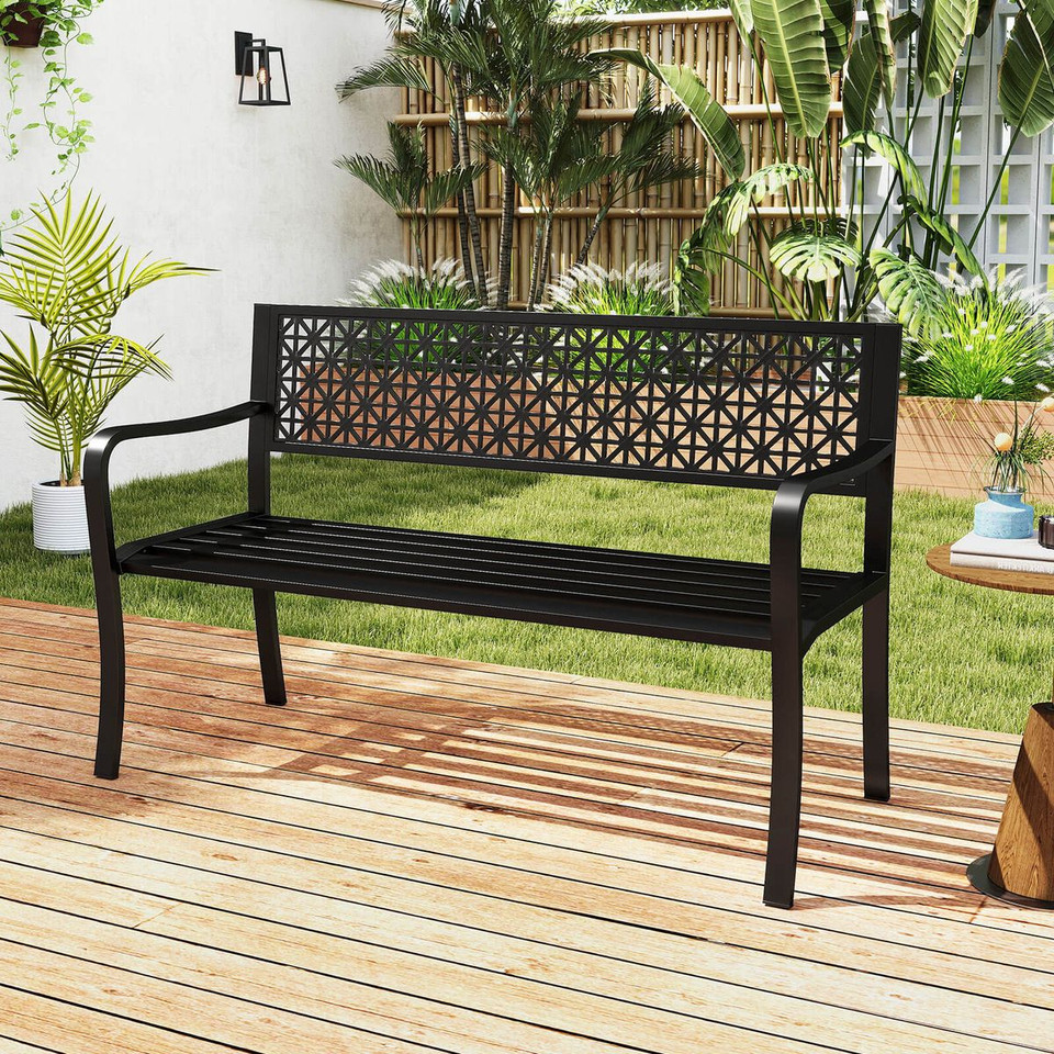 50-inch Garden Bench with Patterned Backrest and Curved Armrests product image