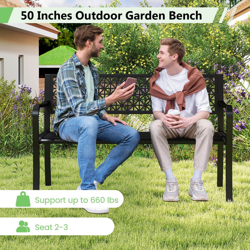 50-inch Garden Bench with Patterned Backrest and Curved Armrests product image