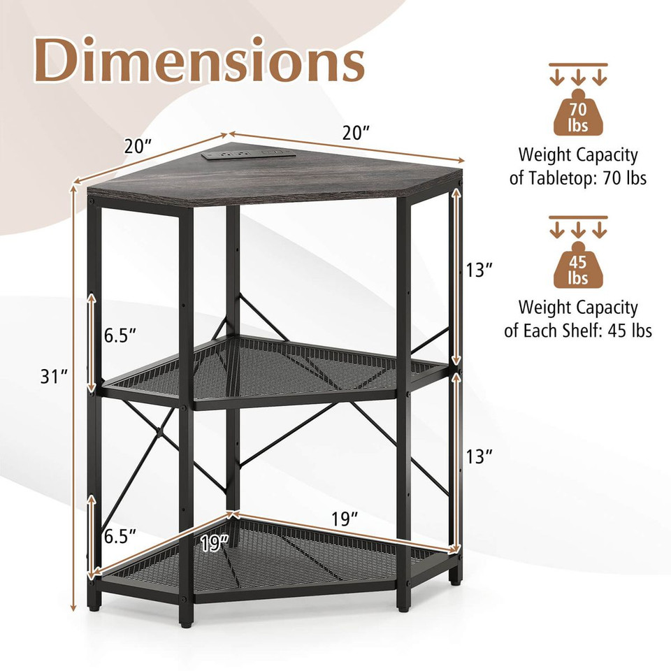 3-Tier Corner Table with Charging Station and Adjustable Metal Frame product image