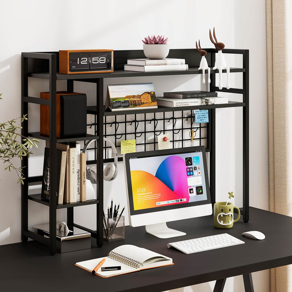 4-Tier Display Shelf with Metal Grid Panel and 6 Hooks product image