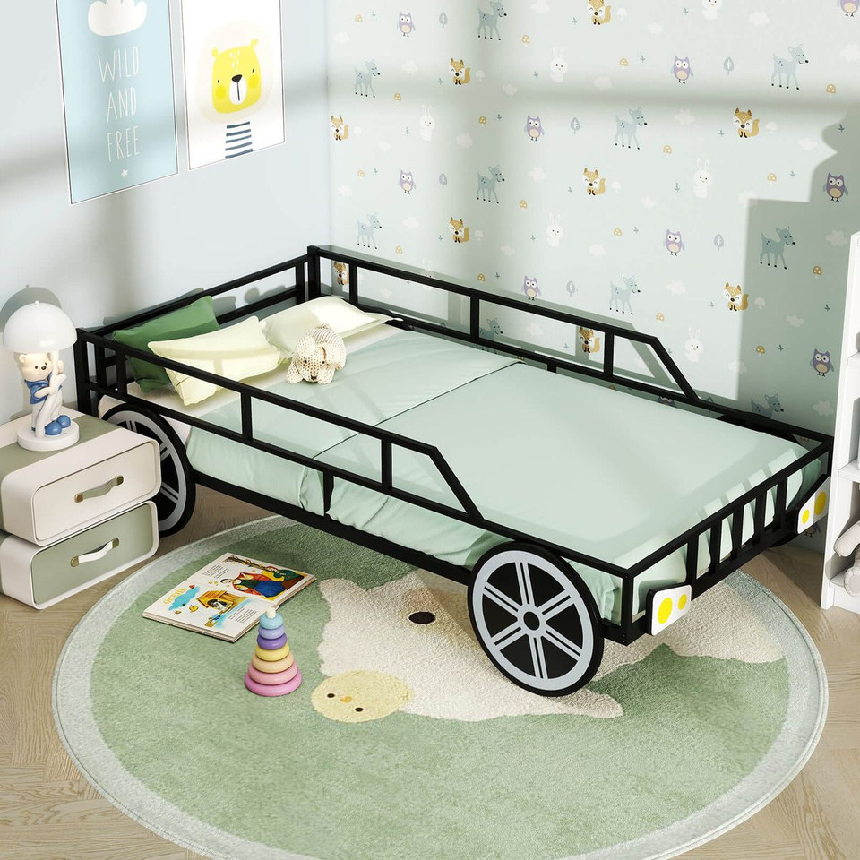 Twin Car-Shaped Metal Bed Frame with 12" High Guardrails product image