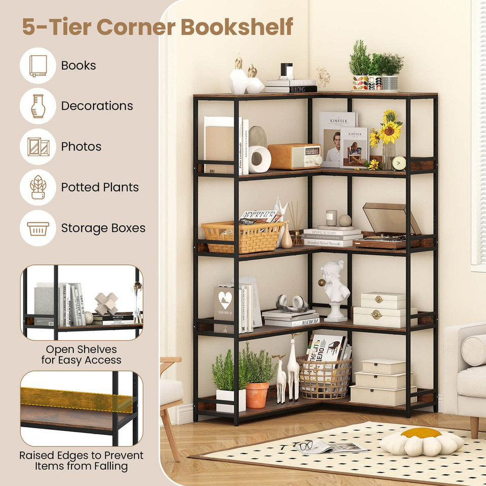 5-Tier 71"  L-Shaped Corner Bookcase with 2 Anti-Toppling Kits product image