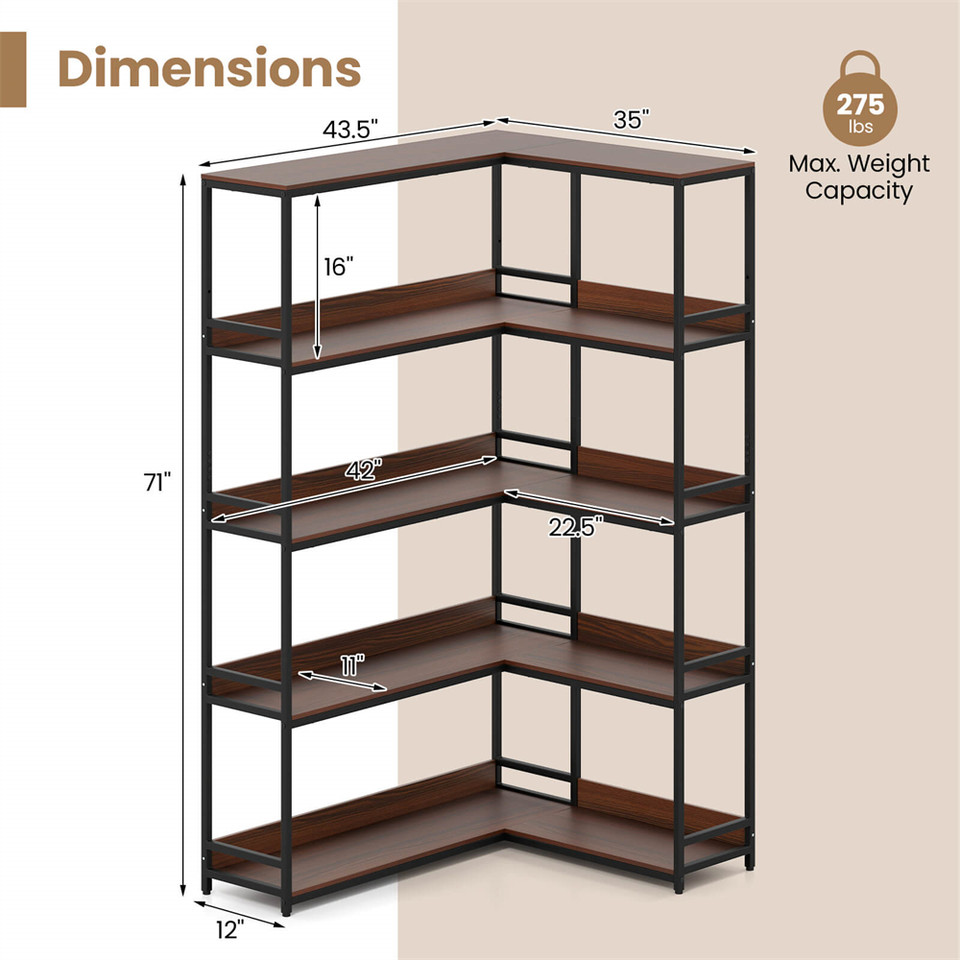 5-Tier 71"  L-Shaped Corner Bookcase with 2 Anti-Toppling Kits product image