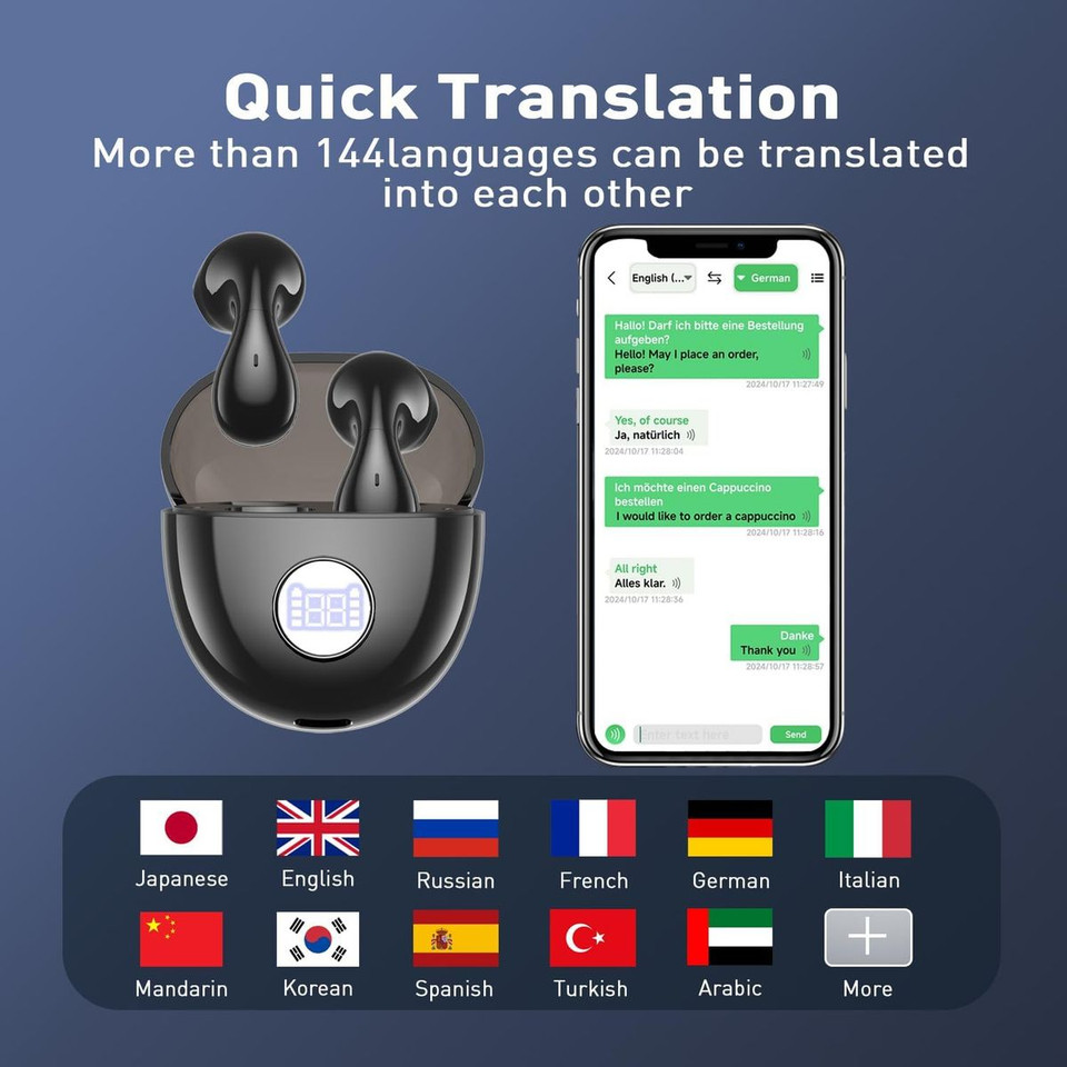 AI Language Translation Earbuds, Translation Earbuds Real Time, 144 Languages Online Translation, Two Way Translator for iOS for Android, Black product image
