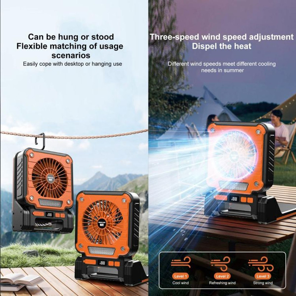 Solar Camping Fan with LED Lantern Emergency Power Bank,3 Wind Speeds 5 Light Modes,180 Degree Adjustable For Camping,Emergencies,Outdoor Color Green product image