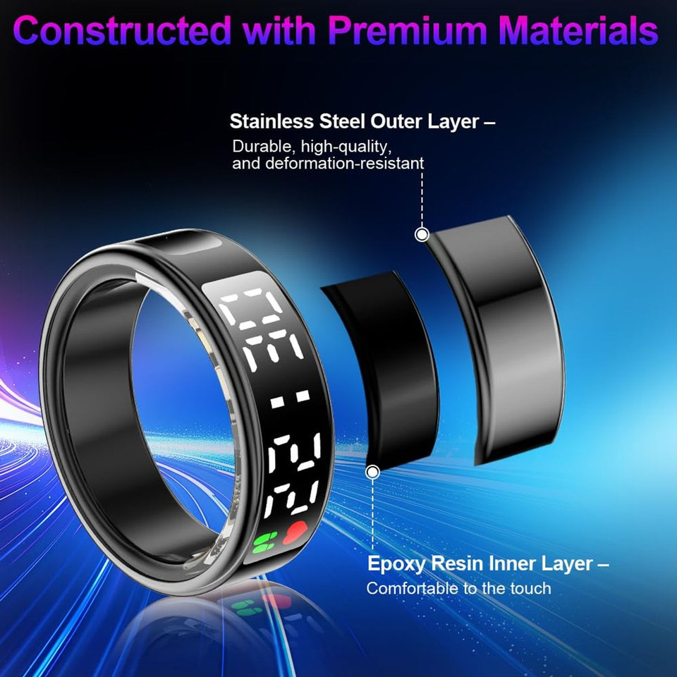 Smart Ring with Display Screen & Touch Button,Bluetooth Connection for Women Men,Fitness Tracker Sleep Monitoring Waterproof(Black-8#) product image