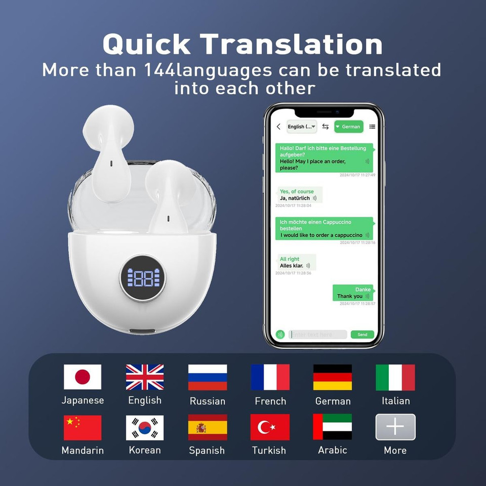 AI Language Translation Earbuds, Translation Earbuds Real Time, 144 Languages Online Translation, Two Way Translator for iOS for Android, White product image