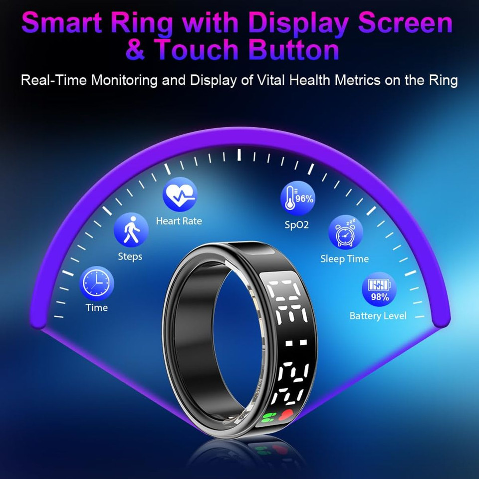 Smart Ring with Display Screen & Touch Button,Bluetooth Connection for Women Men,Fitness Tracker Sleep Monitoring Waterproof(Black-10#) product image