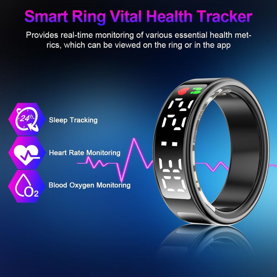 Smart Ring with Display Screen & Touch Button,Bluetooth Connection for Women Men,Fitness Tracker Sleep Monitoring Waterproof(Black-10#) product image