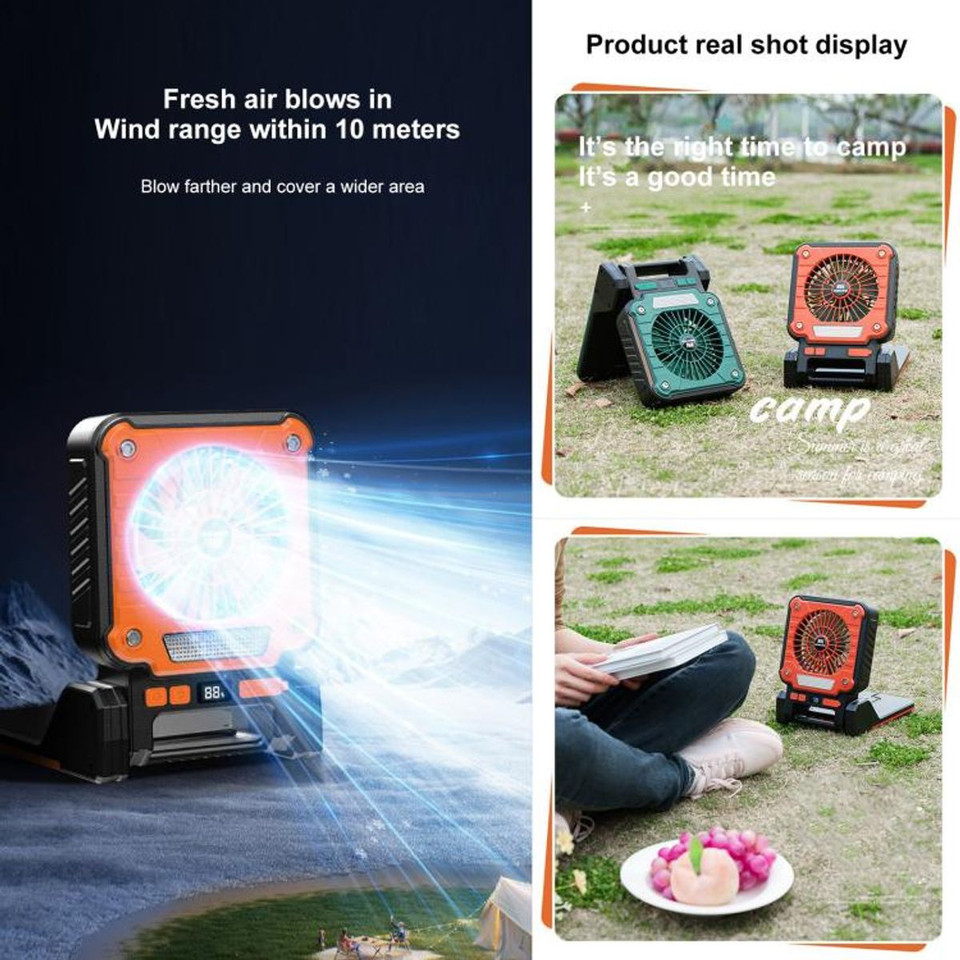 Solar Camping Fan with LED Lantern Emergency Power Bank,3 Wind Speeds 5 Light Modes,180 Degree Adjustable For Camping,Emergencies,Outdoor Color Orange product image