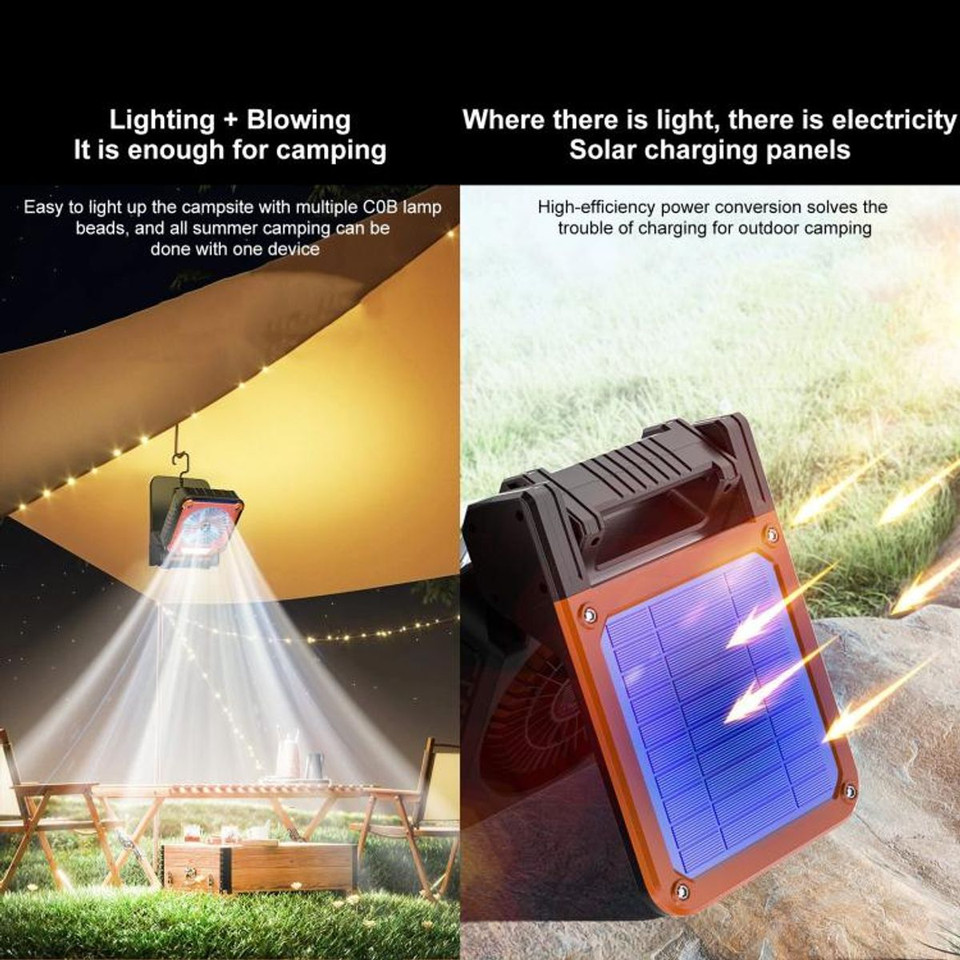 Solar Camping Fan with LED Lantern Emergency Power Bank,3 Wind Speeds 5 Light Modes,180 Degree Adjustable For Camping,Emergencies,Outdoor Color Orange product image
