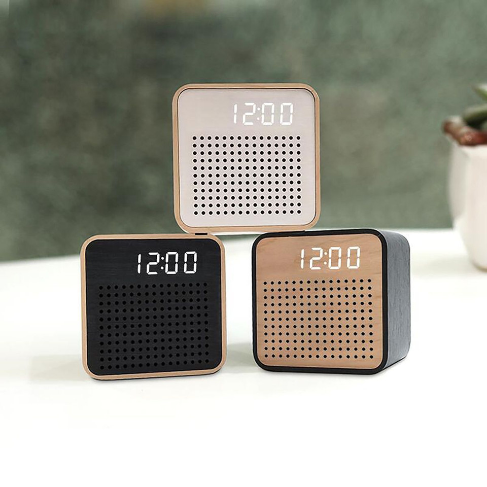 Retro Mini Wooden Bluetooth Speaker with Alarm Clock and Sound Activation product image