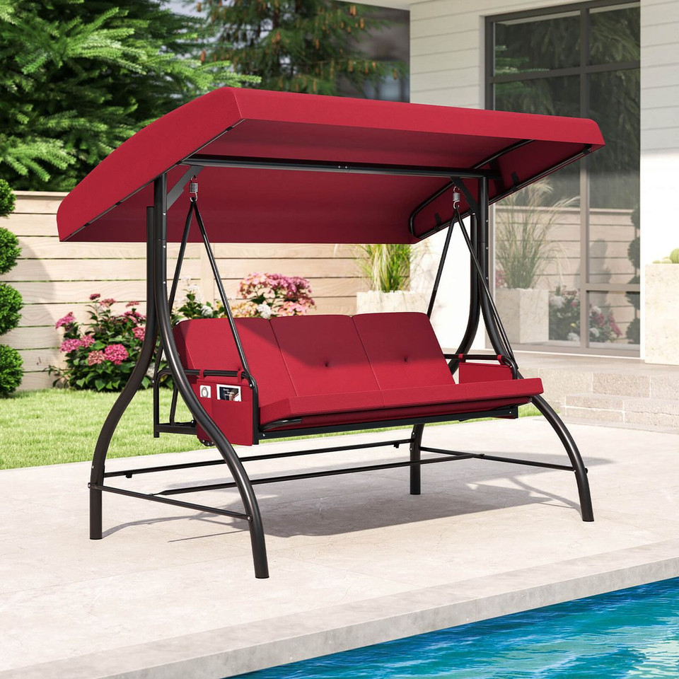 3-Seat Patio Swing with Canopy with Removable Cushions and Side Pocket product image