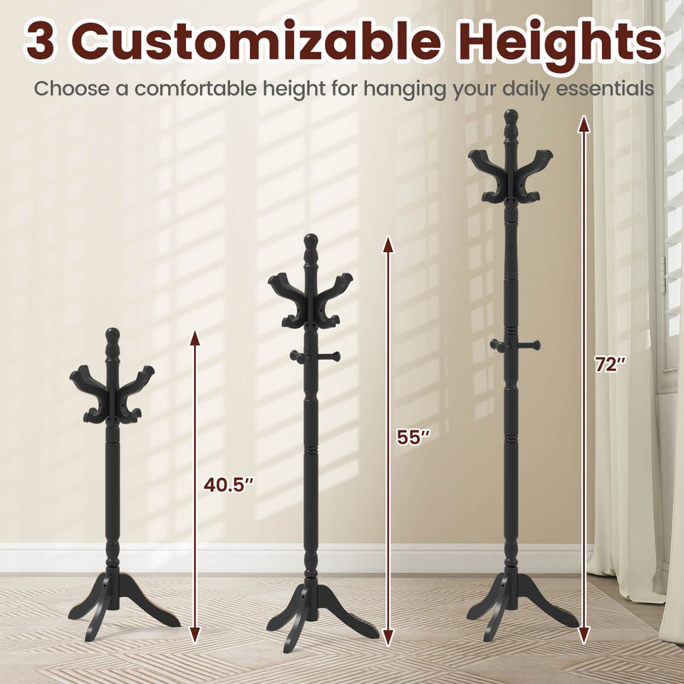 Solid Rubber Wood Coat Rack with 3 Adjustable Heights and 11 Hooks product image