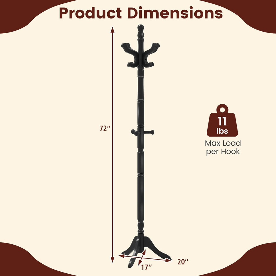 Solid Rubber Wood Coat Rack with 3 Adjustable Heights and 11 Hooks product image