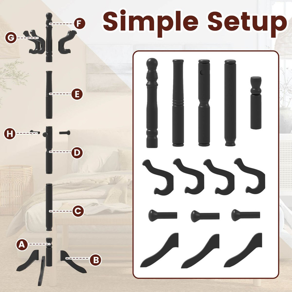 Solid Rubber Wood Coat Rack with 3 Adjustable Heights and 11 Hooks product image