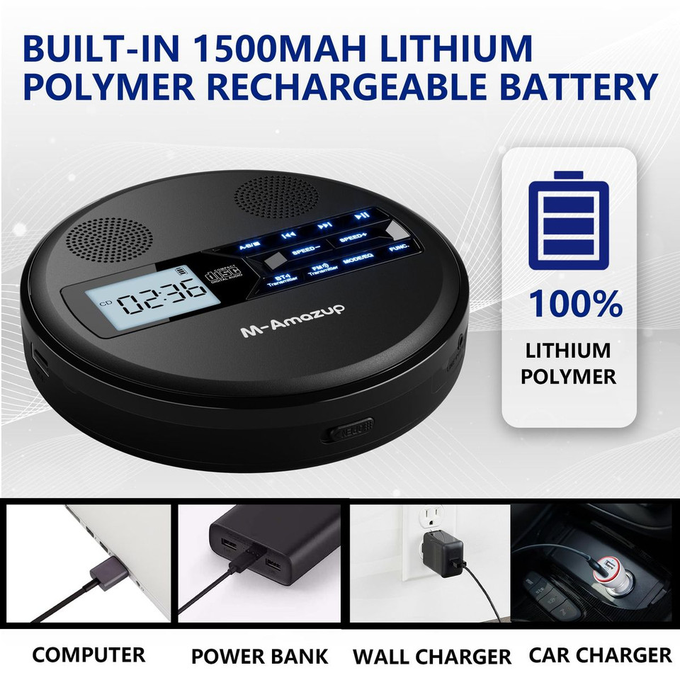 Rechargeable Portable CD Player with Dual Speakers and Anti Skip,CD,Dual Bluetooth,FM Transmission,USB,AUX,LCD Display,Backlit Button,Repeat-Black product image