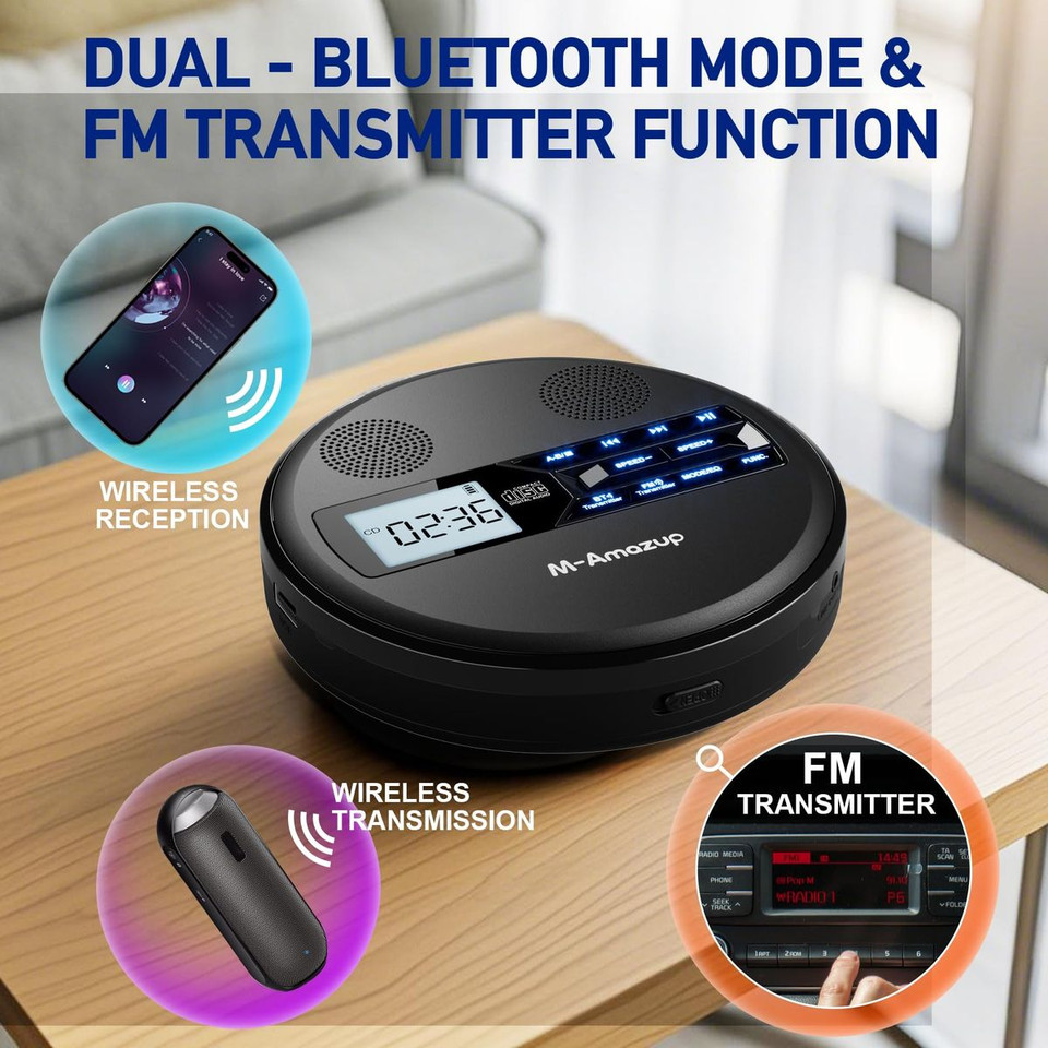 Rechargeable Portable CD Player with Dual Speakers and Anti Skip,CD,Dual Bluetooth,FM Transmission,USB,AUX,LCD Display,Backlit Button,Repeat-Black product image