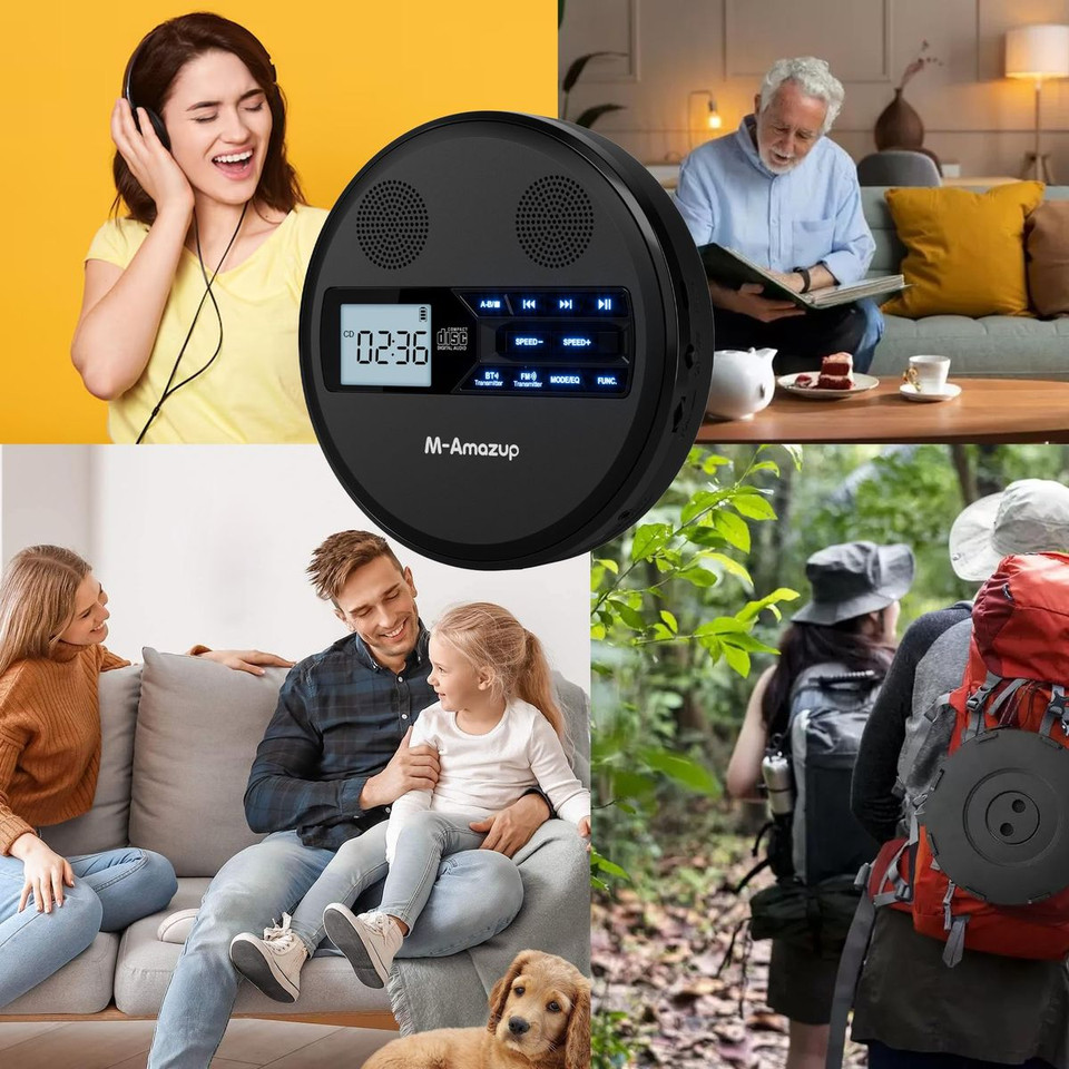 Rechargeable Portable CD Player with Dual Speakers and Anti Skip,CD,Dual Bluetooth,FM Transmission,USB,AUX,LCD Display,Backlit Button,Repeat-Black product image