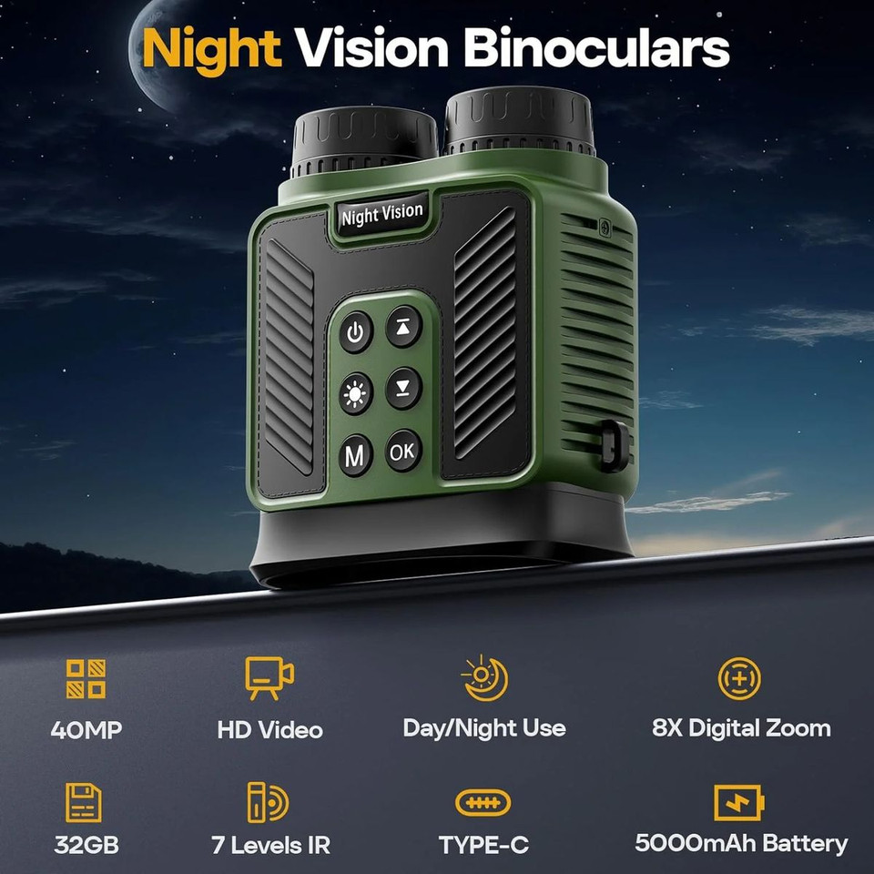 4K Night Vision Binoculars IR 8X Digital Zoom Rechargeable 3inch HD Screen 40MP Photos 4K Video Infrared Full Dark View Scope Color Green product image