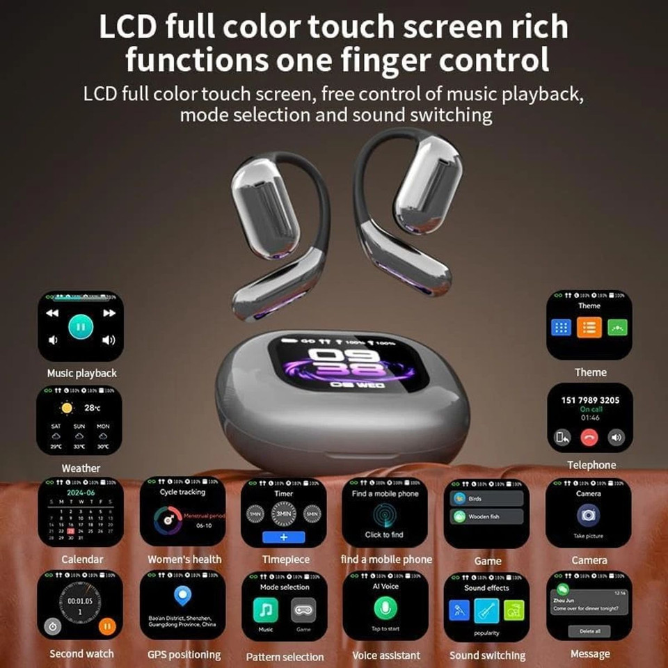 Bluetooth AI Translator Wireless Open Earphone 144 Language Real-Time Translate LED Full-Color Touch Screen Earphones Color Silver And White product image