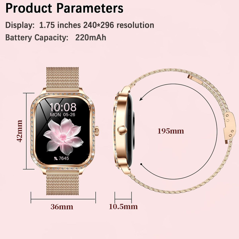 Smart Watch for Women,Android Smartwatch for Phones (Make Calls),1.75 Inch HD Fitness Tracker Watch with Sleep Monitor,110+ Sport Modes Fitness Watches product image