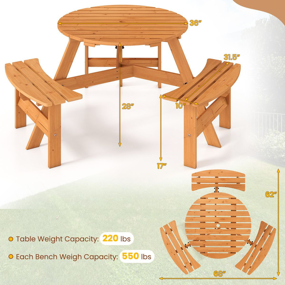 6-Person Round Picnic Table Set with Built-in Benches product image