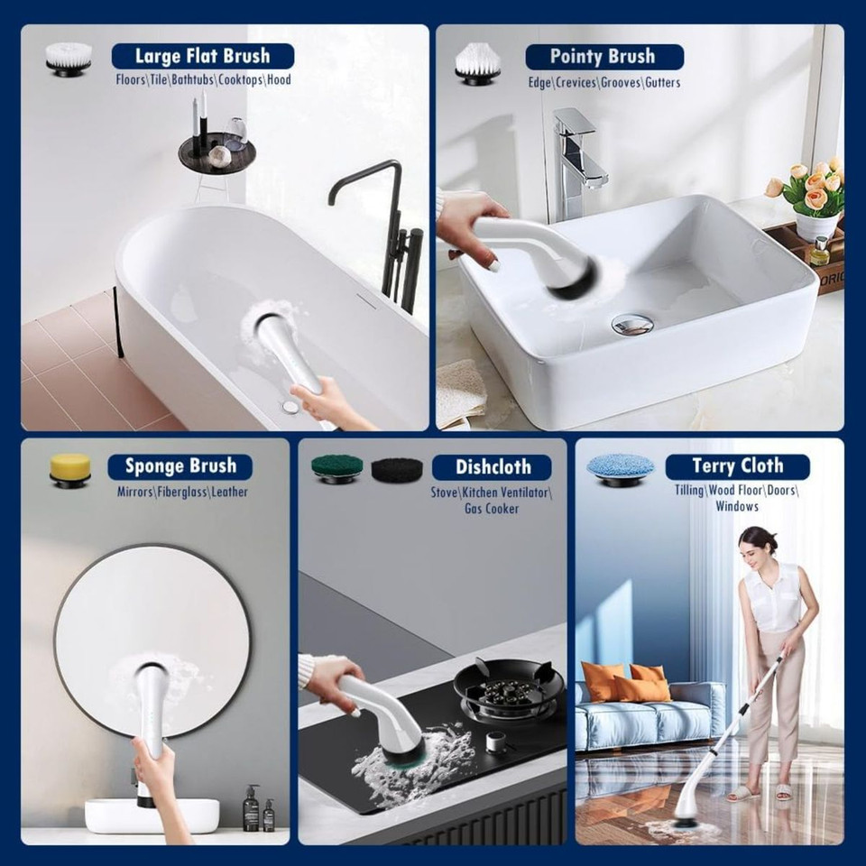 Electric Spin Scrubber with 6 Brush Heads and Adjustable Extension Handle product image