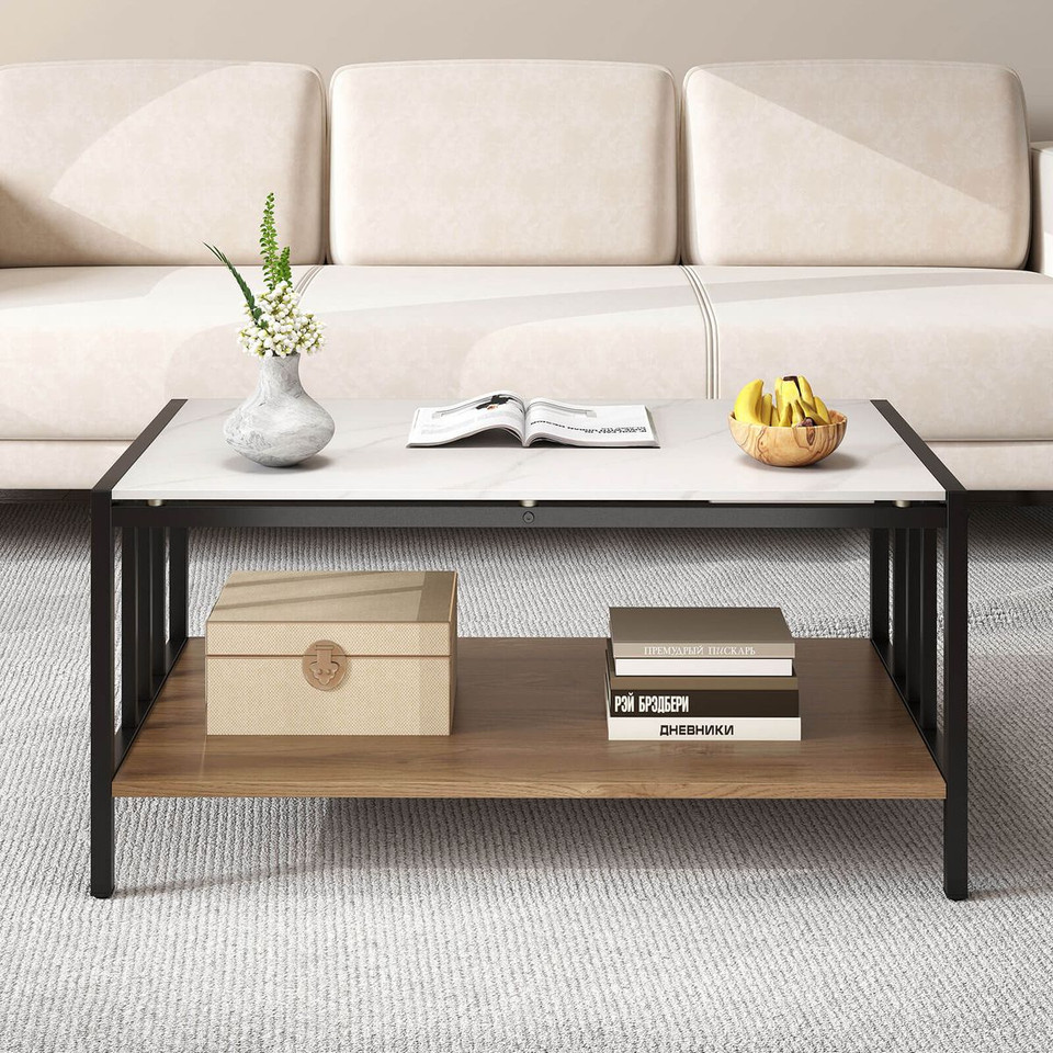 2-Tier Rectangular Coffee Table with Rock Slab Tabletop product image