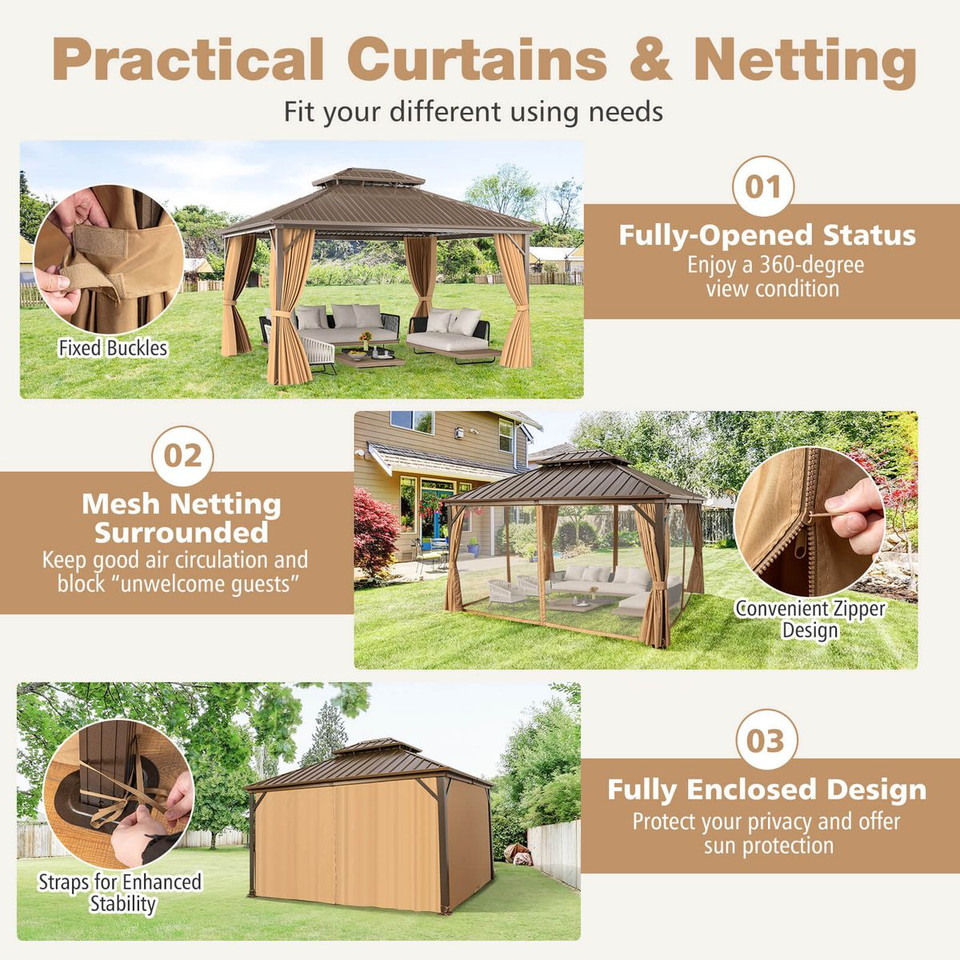 14 x 12-foot Hardtop Gazebo with Curtains and Overhang Eave Design product image