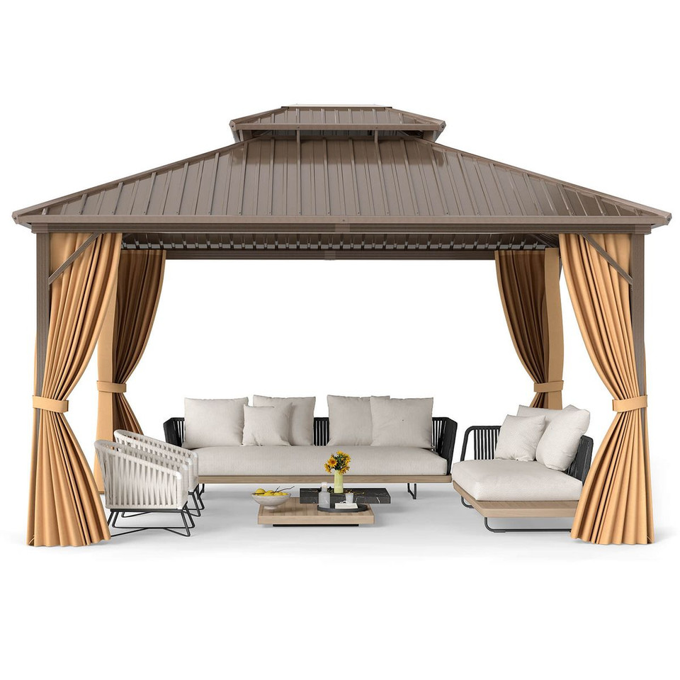 14 x 12-foot Hardtop Gazebo with Curtains and Overhang Eave Design product image