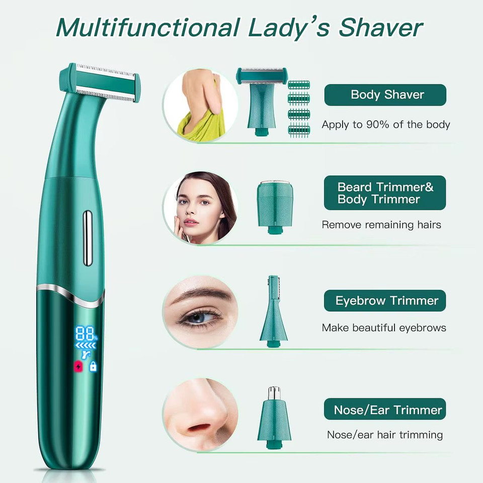6-in-1 Women Electric Shaver Replaceable Heads for Whole Body Private Epilator Shaving Razor Nose Hair Trimmer Color Green product image