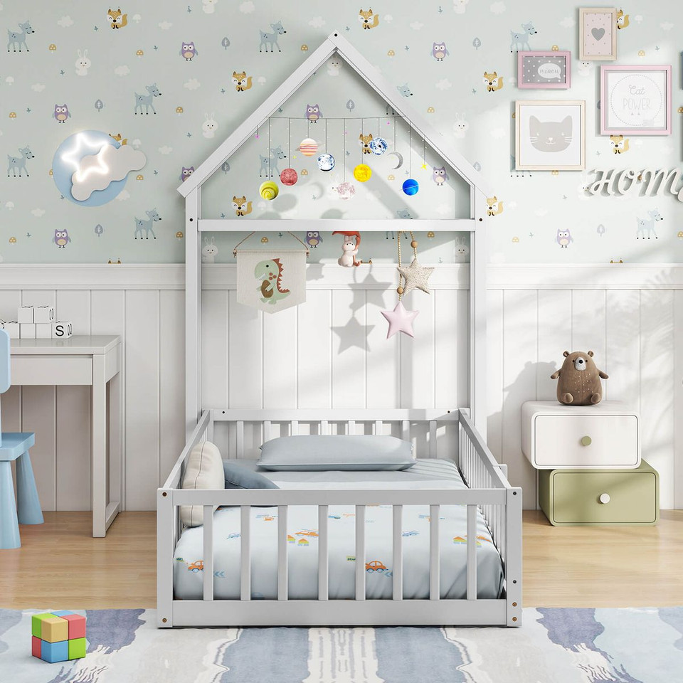 Twin Size Floor Bed with House-Shaped Headboard product image