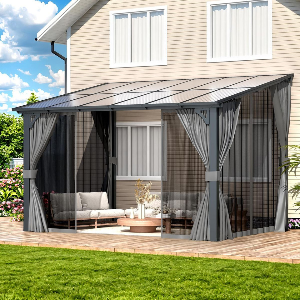 Outdoor Hard Top Lean-to Pergola with Curtains and Netting product image