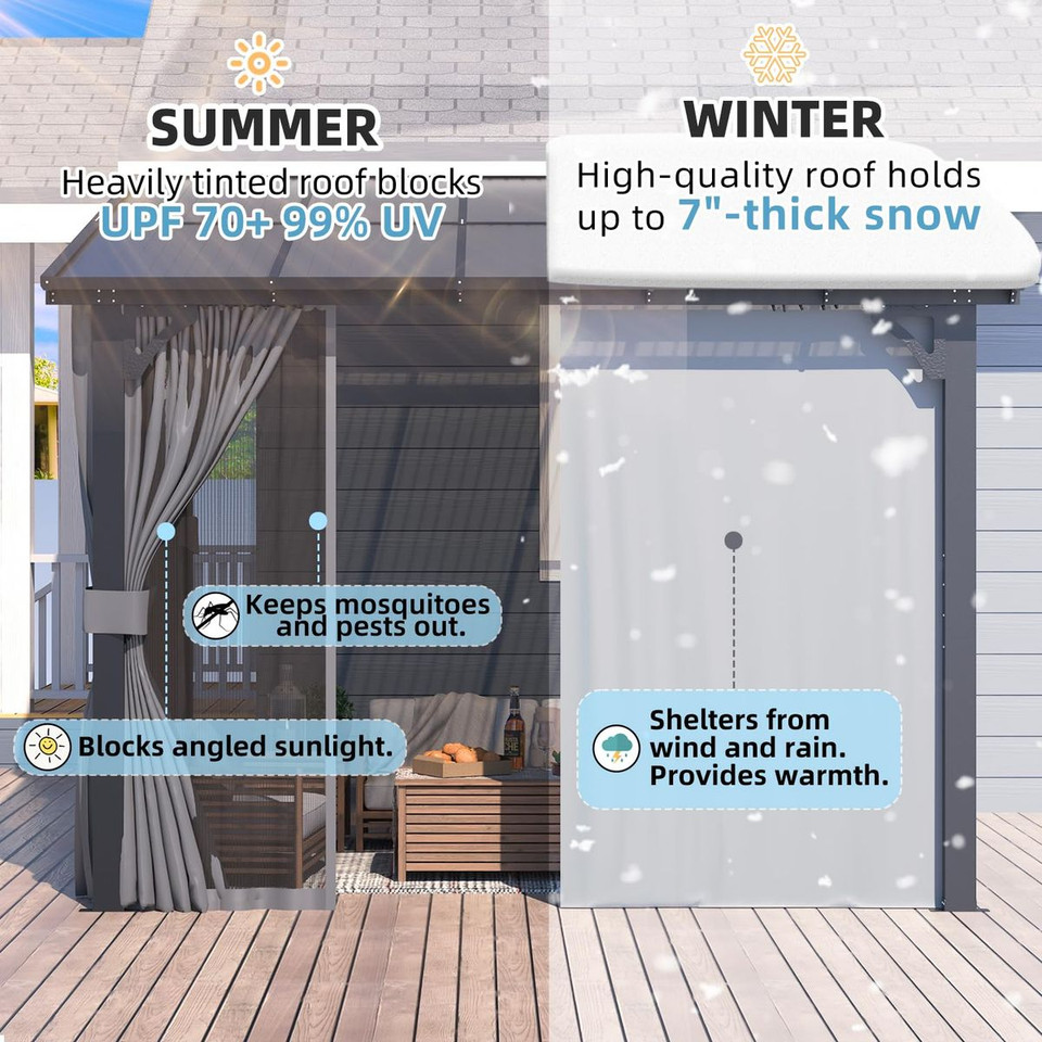 Outdoor Hard Top Lean-to Pergola with Curtains and Netting product image