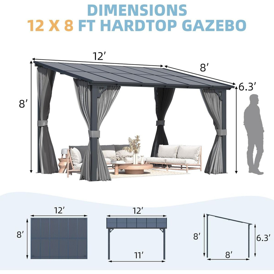 Outdoor Hard Top Lean-to Pergola with Curtains and Netting product image