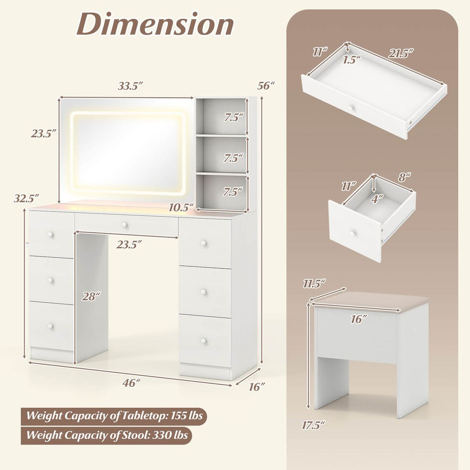 Vanity Desk with Built-in Charging Station and 3 Lighting Modes  product image