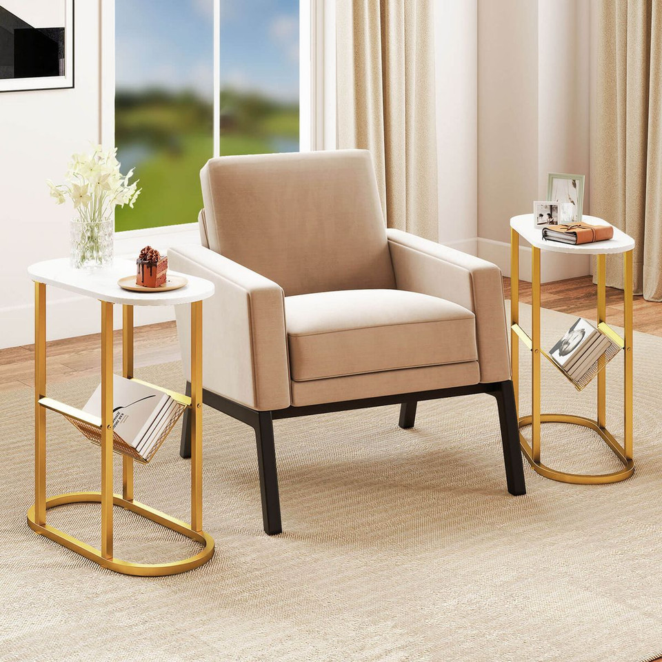 End Table with Faux Marble Tabletop and Magazine Holder product image