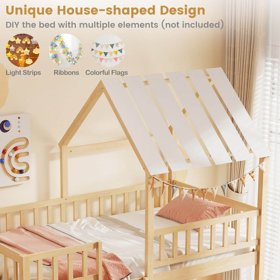 Twin Bunk Bed House with Roof and Full-length Guardrails product image