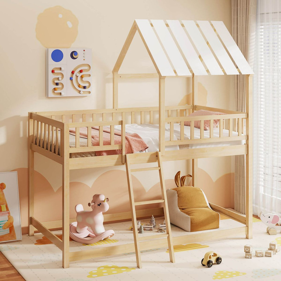 Twin Bunk Bed House with Roof and Full-length Guardrails product image