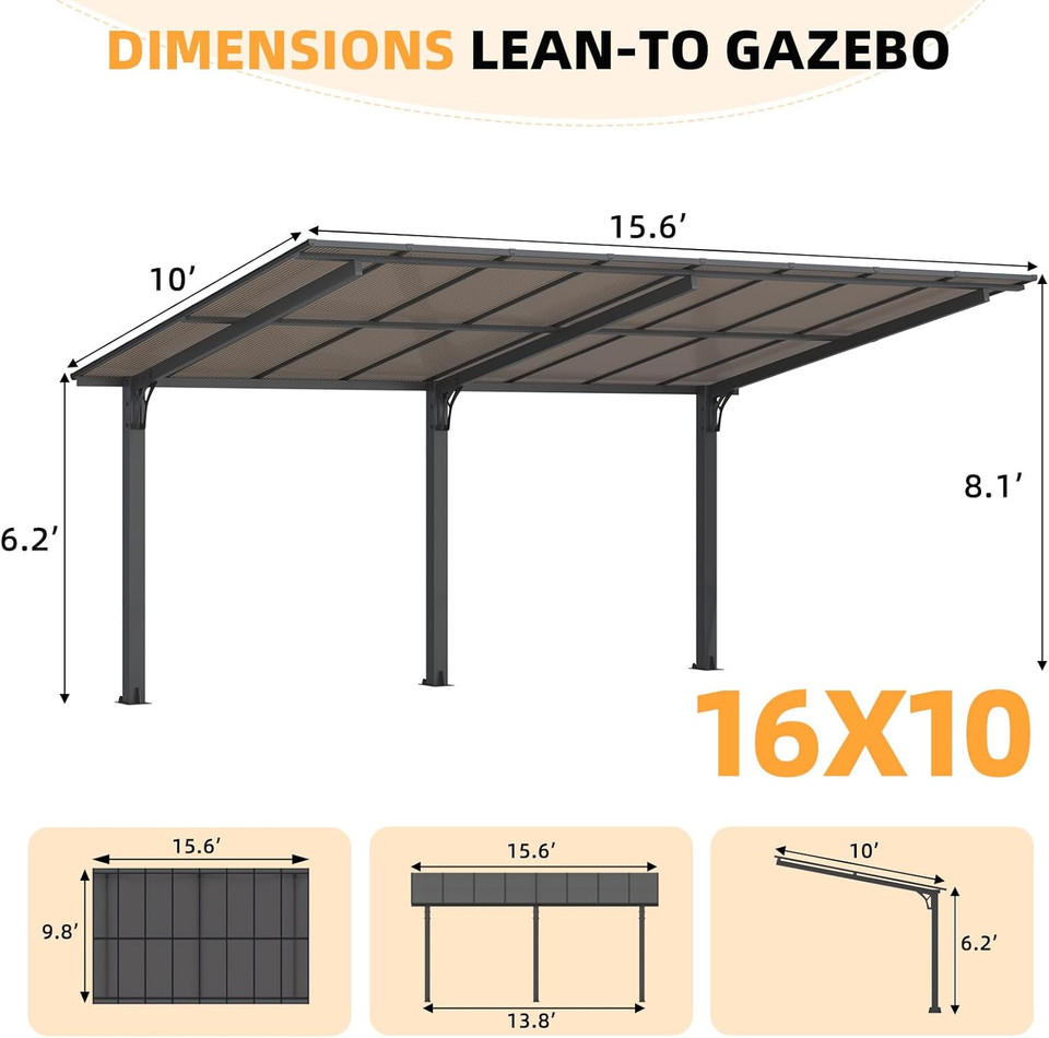 Freestanding Lean-to Hard Top Outdoor Pergola  product image