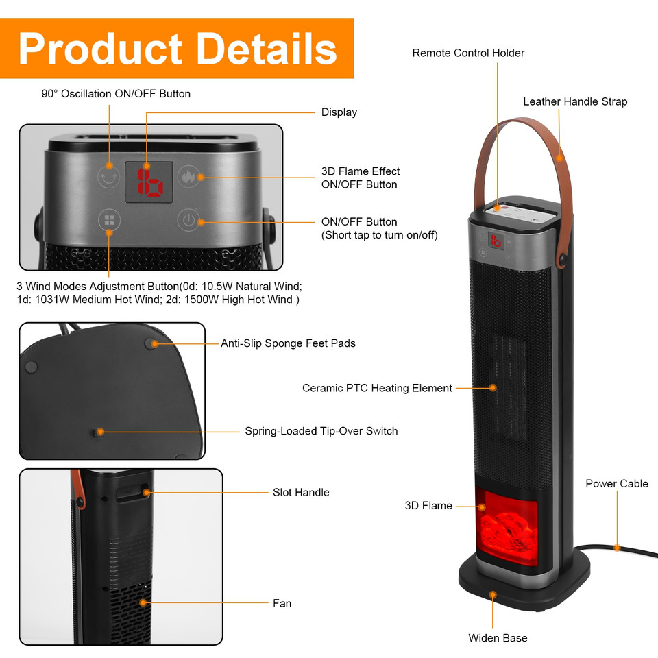 1500W Ceramic Tower Ocillating Space Heater product image